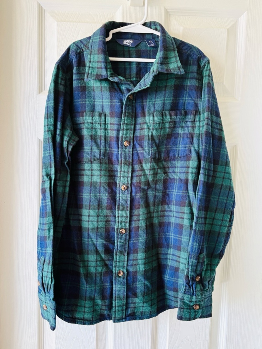 Boy Lands' End Green and Navy Plaid Button-Down Shirt